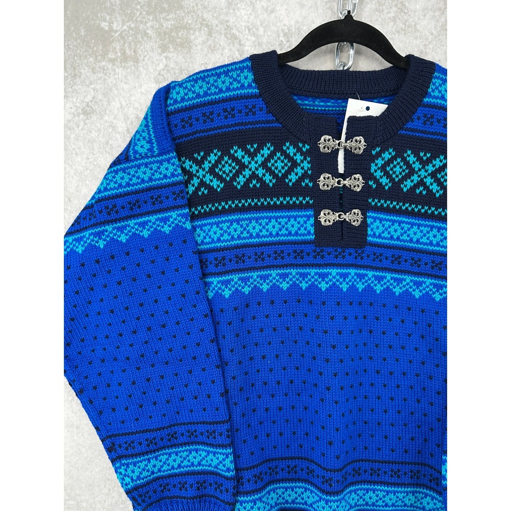 Vintage Nordic Fair Isle Blue Sweater Mens Large Silver Clasp Scandinavian Knit